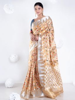 Boveee - Women Yellow Organza Woven Saree Without Blouse