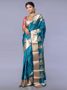 Boveee - Women Blue Silk Woven Saree Without Blouse