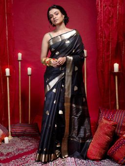 Boveee - Women Black Organza Woven Saree Without Blouse