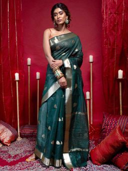 Boveee - Women Green Organza Woven Saree Without Blouse