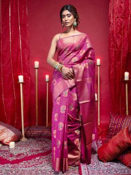 Boveee - Women Magenta Organza Woven Saree Without Blouse