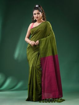 Ruuprekha - Women Green Cotton Colorblock Saree with Unstitched Blouse