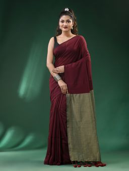 Ruuprekha - Women Maroon Cotton Colorblock Saree with Unstitched Blouse