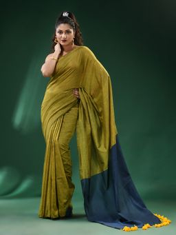 Ruuprekha - Women Green Cotton Colorblock Saree with Unstitched Blouse