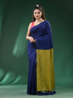 Ruuprekha - Women Blue Cotton Colorblock Saree with Unstitched Blouse