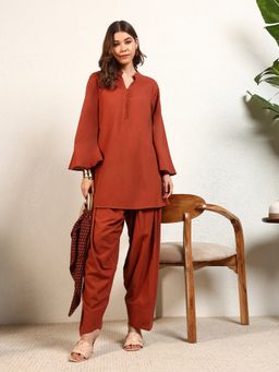Deebaco - Brown Mandarin Collar Bell Sleeve Co-Ord Set