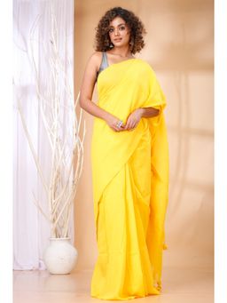 Ruuprekha - Women Yellow Cotton Solid Saree with Unstitched Blouse