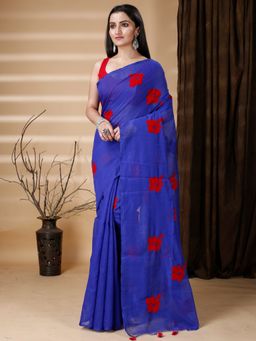 Ruuprekha - Women Blue Cotton Silk Embroidered Saree with Unstitched Blouse