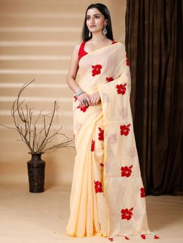 Ruuprekha - Women Cream Cotton Silk Embroidered Saree with Unstitched Blouse