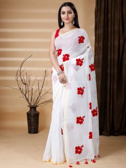 Ruuprekha - Women White Cotton Silk Embroidered Saree with Unstitched Blouse