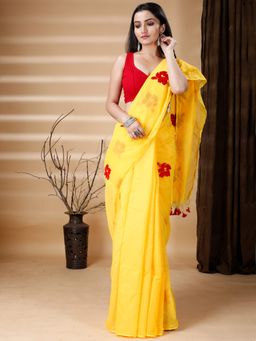 Ruuprekha - Women Yellow Cotton Silk Embroidered Saree with Unstitched Blouse