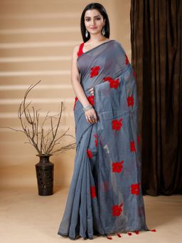 Ruuprekha - Women Grey Cotton Silk Embroidered Saree with Unstitched Blouse