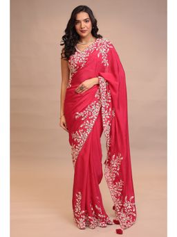 Zari Jaipur - Women Pink Chinon Embroidered Saree with Unstitched Blouse