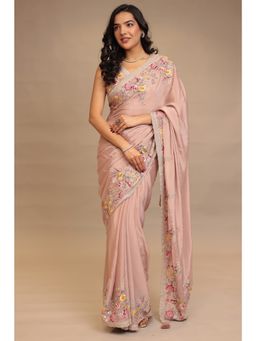 Zari Jaipur - Women Pink Chinon Embroidered Saree with Unstitched Blouse