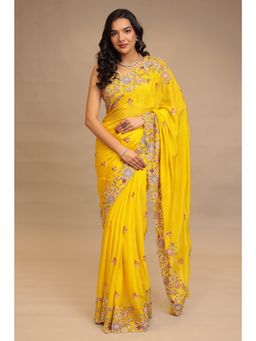 Zari Jaipur - Women Yellow Chinon Embroidered Saree with Unstitched Blouse