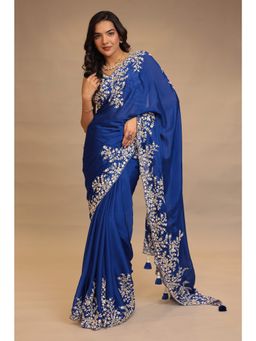 Zari Jaipur - Women Blue Chinon Embroidered Saree with Unstitched Blouse