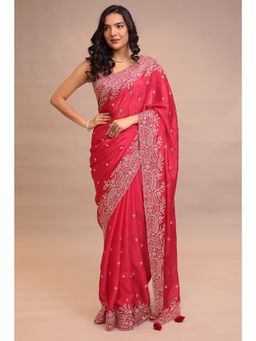 Zari Jaipur - Women Pink Chinon Embroidered Saree with Unstitched Blouse
