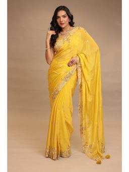 Zari Jaipur - Women Yellow Chinon Embroidered Saree with Unstitched Blouse