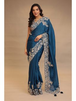 Zari Jaipur - Women Teal Chinon Embroidered Saree with Unstitched Blouse