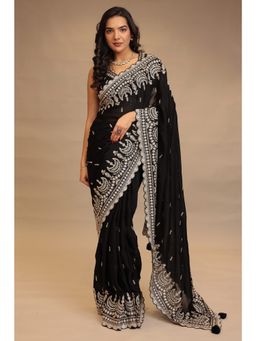 Zari Jaipur - Women Black Chinon Embroidered Saree with Unstitched Blouse