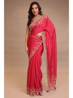 Zari Jaipur - Women Pink Chinon Embroidered Saree with Unstitched Blouse