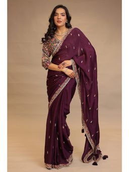 Zari Jaipur - Women Purple Chinon Embroidered Saree with Unstitched Blouse