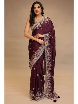 Zari Jaipur - Women Wine Chinon Embroidered Saree with Unstitched Blouse