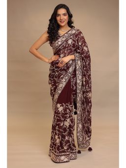 Zari Jaipur - Women Brown Chinon Embroidered Saree with Unstitched Blouse