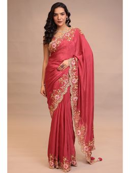 Zari Jaipur - Women Coral Chinon Embroidered Saree with Unstitched Blouse