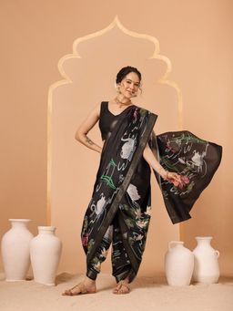 Silk Land - Black Digital Printed Art Silk Saree with Unstitched Blouse