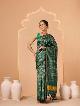 Silk Land - Green Patola Twill Weave Saree with Unstitched Blouse