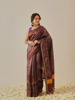 Silk Land - Maroon Patola Twill Weave Saree with Unstitched Blouse
