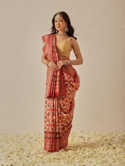 Silk Land - Beige Tusser Silk with Viscose Jacquard Border Patola Saree with Unstitched Blouse