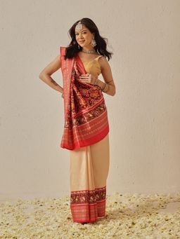 Silk Land - Beige Tusser Silk with Viscose Jacquard Border Patola Saree with Unstitched Blouse