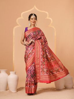 Silk Land - Purple Tusser Silk with Viscose Jacquard Border Patola Saree with Unstitched Blouse