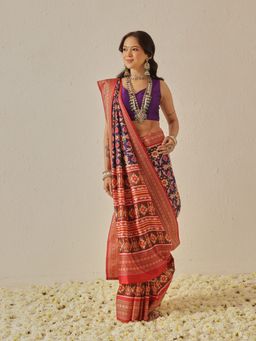 Silk Land - Purple Tusser Silk with Viscose Jacquard Border Patola Saree with Unstitched Blouse