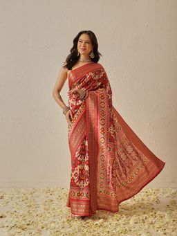 Silk Land - Red Tusser Silk with Viscose Jacquard Border Patola Saree with Unstitched Blouse