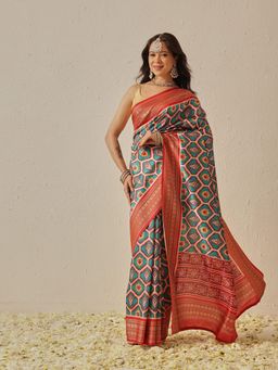 Silk Land - Teal Tusser Silk with Viscose Jacquard Border Patola Saree with Unstitched Blouse