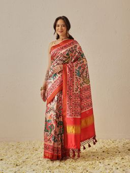 Silk Land - Multi-Color Women's Patola Twill Silk Lagdi Patta Pallu Saree with Unstitched Blouse