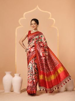 Silk Land - Multi-Color Women's Patola Twill Silk Lagdi Patta Pallu Saree with Unstitched Blouse