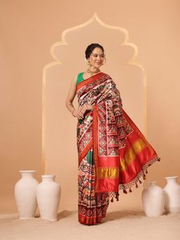Silk Land - Multi-Color Women's Patola Twill Silk Lagdi Patta Pallu Saree with Unstitched Blouse