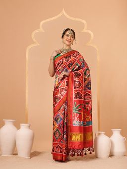Silk Land - Red Women's Patola Twill Silk Lagdi Patta Pallu Saree with Unstitched Blouse
