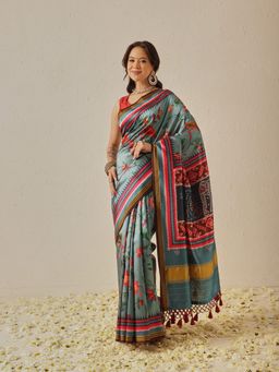 Silk Land - Teal Paithani Patola Soft Twill Silk Zari Work Saree with Unstitched Blouse