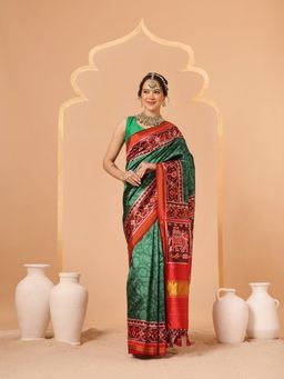 Silk Land - Green Double Ikkat Patola Printed Weaving Border Pallu Saree with Unstitched Blouse