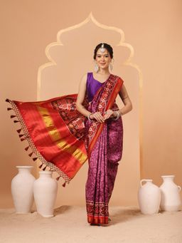 Silk Land - Purple Double Ikkat Patola Printed Weaving Border Saree with Unstitched Blouse