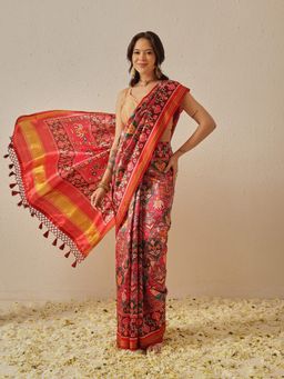 Silk Land - Multi-Color Double Ikkat Patola Weaving Border Pallu Saree with Unstitched Blouse
