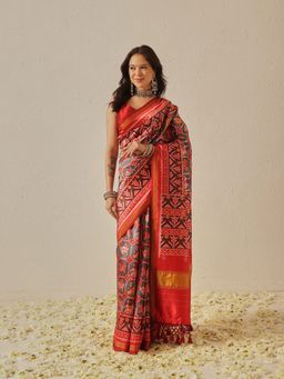 Silk Land - Multi-Color Double Ikkat Patola Weaving Border Pallu Saree with Unstitched Blouse