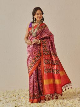Silk Land - Pink Double Ikkat Patola Twill Silk Weaving Border Saree with Unstitched Blouse