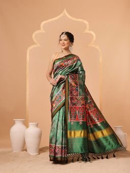Silk Land - Green Bandhani Patola Printed Twill Silk Weaving Saree with Unstitched Blouse