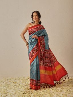 Silk Land - Blue Double Ikkat Patola Twill Silk Weaving Border Saree with Unstitched Blouse